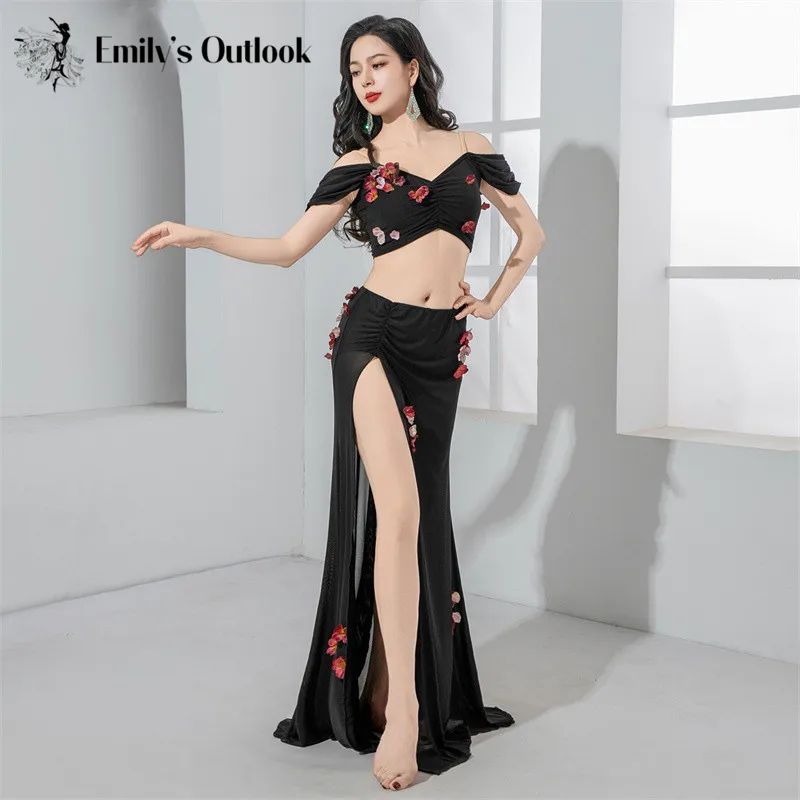 2025 Summer Bellydance Costume 2 Piece Long Skirt Short Shoulder Off Sleeve 3D Flower Team Dance Oriental Gauze Top Sexy Stage