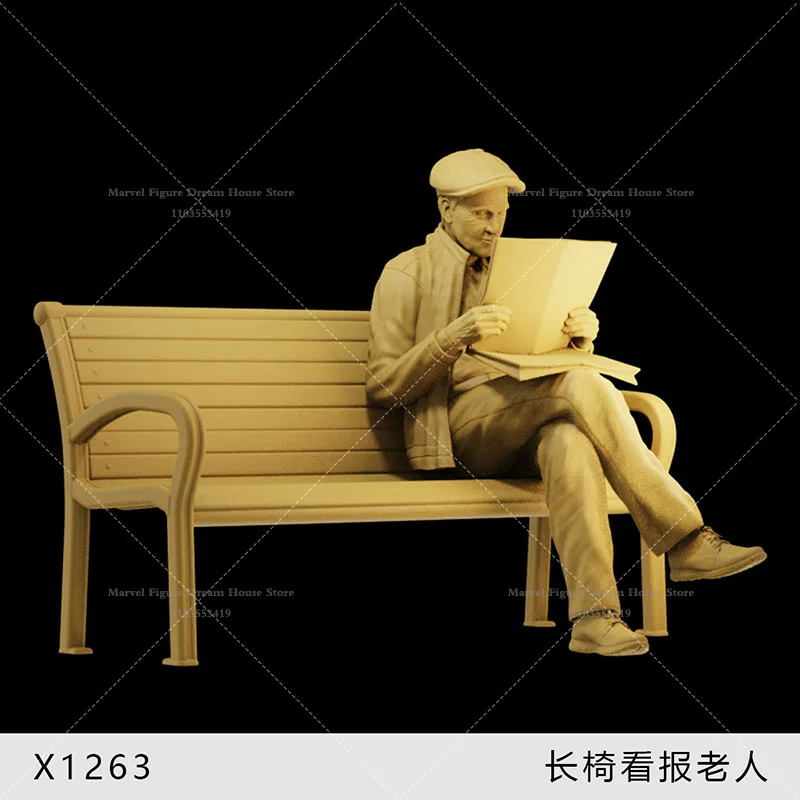 1/64 1/43 1/35 Scale Miniature Scene Doll Reading Newspapers  Men Elderly People Bench Leisurely  Un-panited White Mini Figure