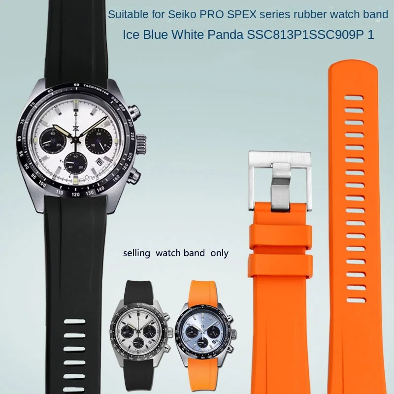 حزام ساعة مطاط فلوري منحني من Seiko ، Pocex Panda Di ، سلسلة SSC813P1 SSC909P1 ثلاثية العينين ، أسود ، 20