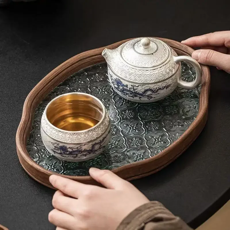 Hand-painted 999 Silver Feilong Chengyun Xishi Pot 1 Pot 2Cups Outdoor Picnic Portable High-end Travel KungFu TeaSet Send Friend