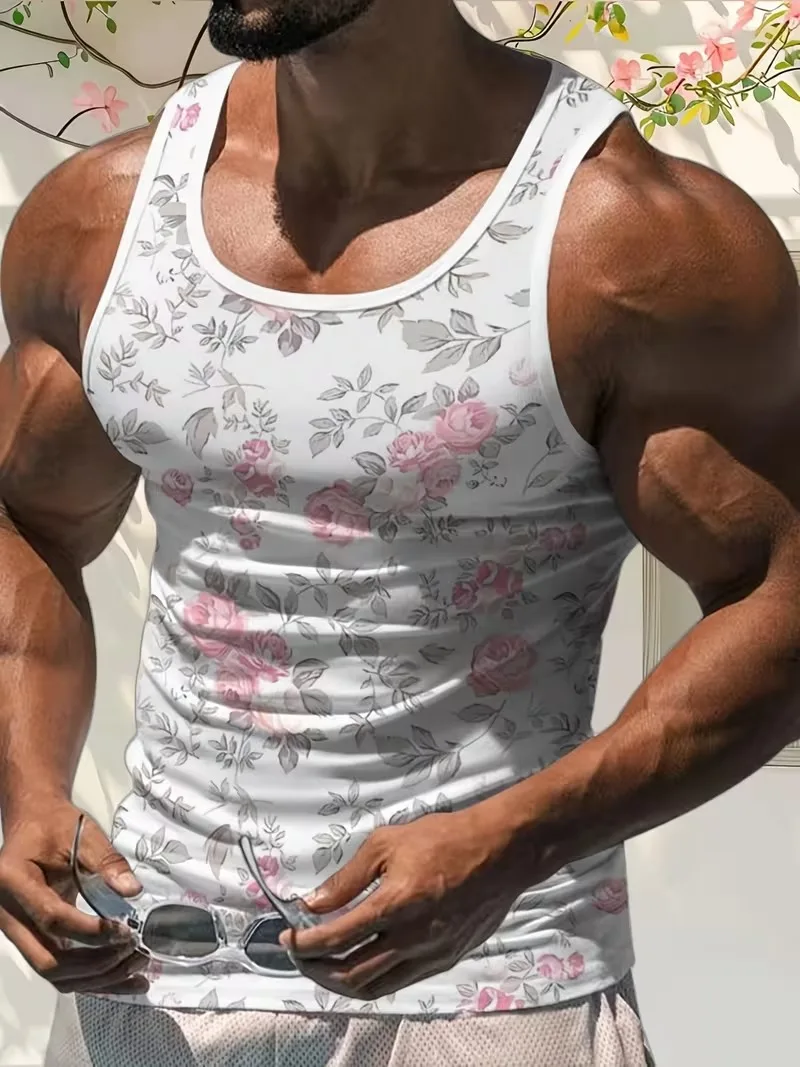 Fashion Summer Men's Casual Tank Tops 3D Flower Print Pattern Sleeveless T-shirt Loose Breathable O-Neck Pullover Men's Clothes