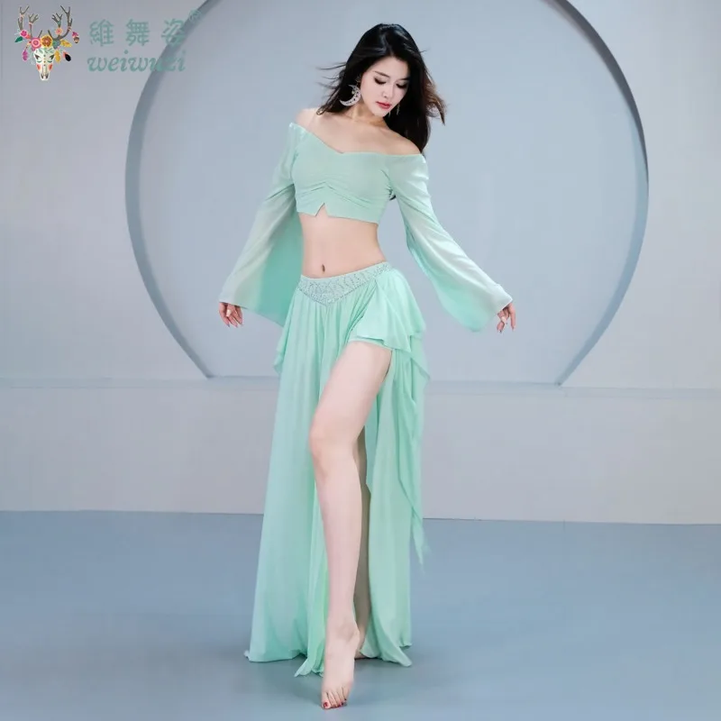 مجموعة أزياء ممارسة الرقص الشرقي للنساء بأكمام طويلة شبكية + تنورة طويلة من الشاش مجموعة ملابس الرقص الشرقي الشرقي #2