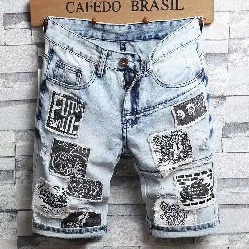 

Casual Distressed Denim Shorts for Men 2024 New Summer Trendy Knee Length Patchwork Print Hip Hop Cowboy Streetwear Short Jeans