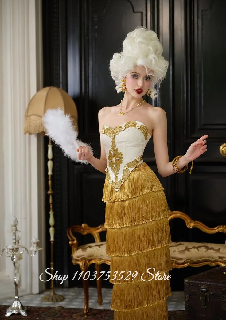 Aangepaste gember gele vintage Victoriaanse avondjurk geborduurd strapless korset franje zoom speciale gelegenheid baljurk