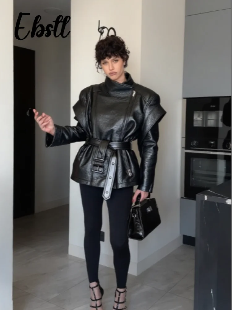 

Locomotive High Neck Zippers Belted Jackets 2025 Autumn New Ladies Black Lace-up Pocket Leather Jacket Women's Casual Streetwear