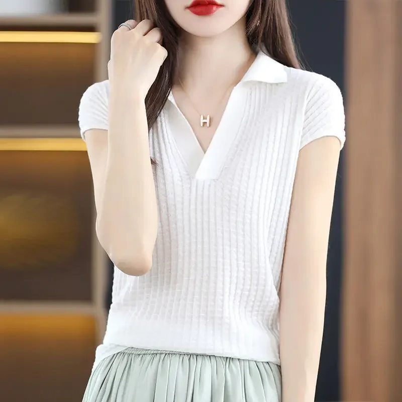 Plain T-shirt Woman Clothing Tops Short Sleeve Tee Knit Polo Neck Shirts For Women New Offer Comfortable Summer 2024 V Luxury