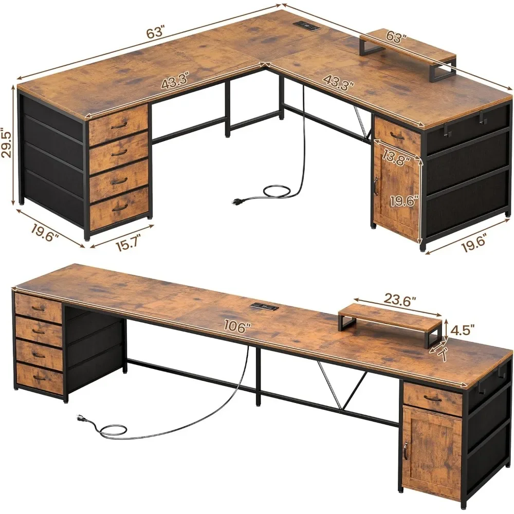 Scrivania a L, scrivania per computer da 63" con 5 cassetti e presa di corrente, scrivania lunga per ufficio domestico o scrivania ad angolo, scrivania ad angolo a forma di L