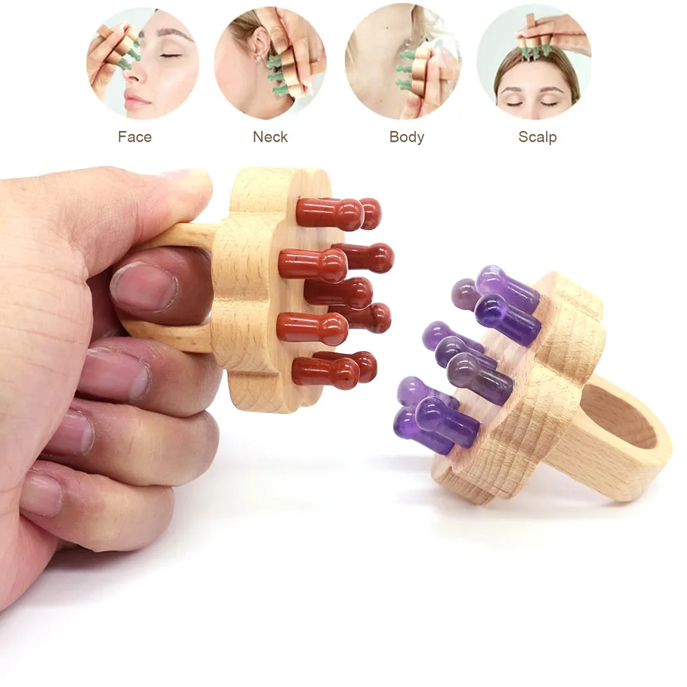 Head Scalp Massager Tool Natural Crystal Stone Amethyst Rose Quartz Gua Sha Acupressure Trigger Point Body Handmade Massage Comb
