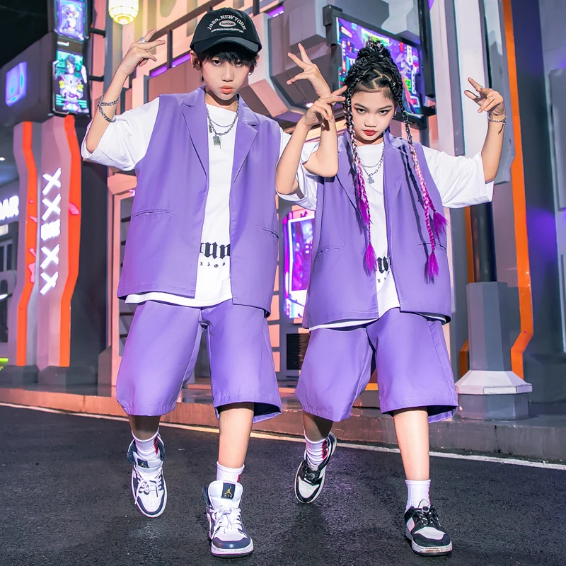 Kids Street Outfit Hip Hop Clothing Purple Sleeveless Blazer Jacket Baggy Shorts for Girl Boy Jazz Dance Costume Teenage Clothes