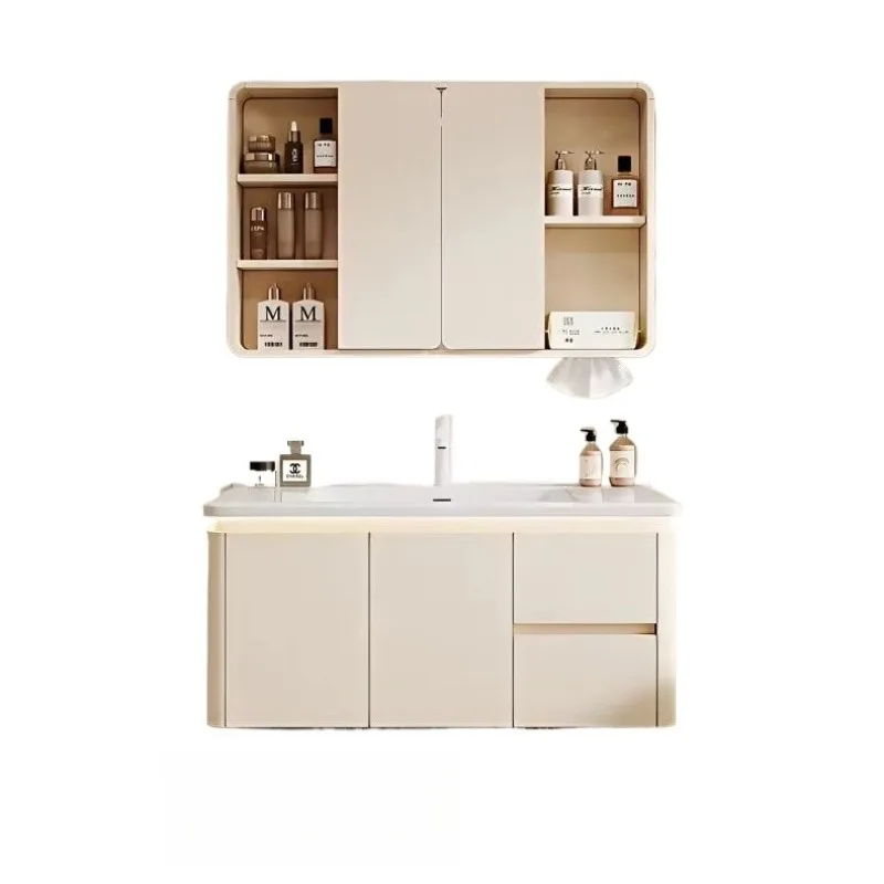 cream bathroom sink set luxury stone ceramic integrated basin rubber wood bathroom sink locker suitable for hotel villa use