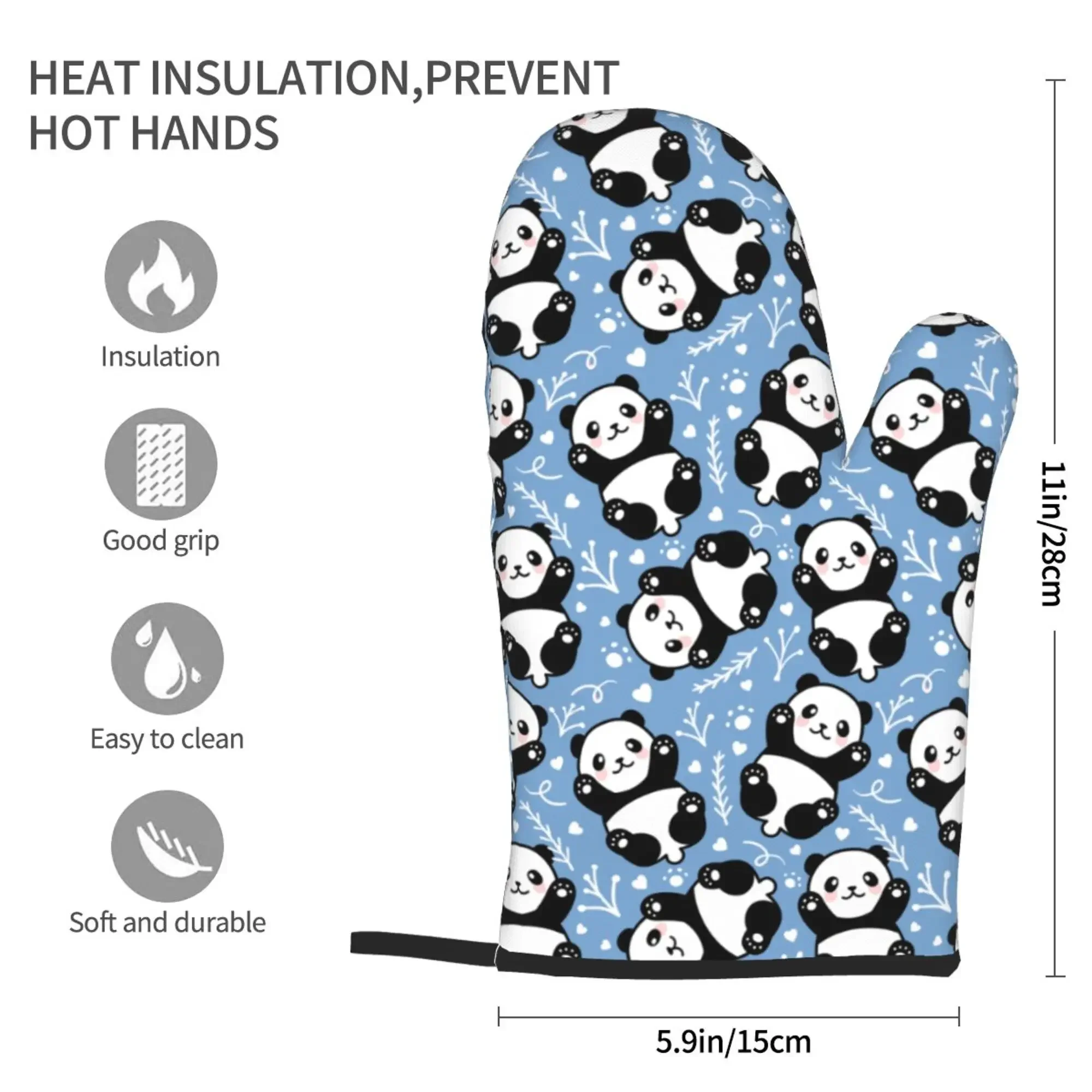 Panda Cute Blue Heat Resistant Gloves Oven Mitts Gloves Kitchen Decor Heat Resistant Pot Holders Set for Cooking Baking BBQ 2pc