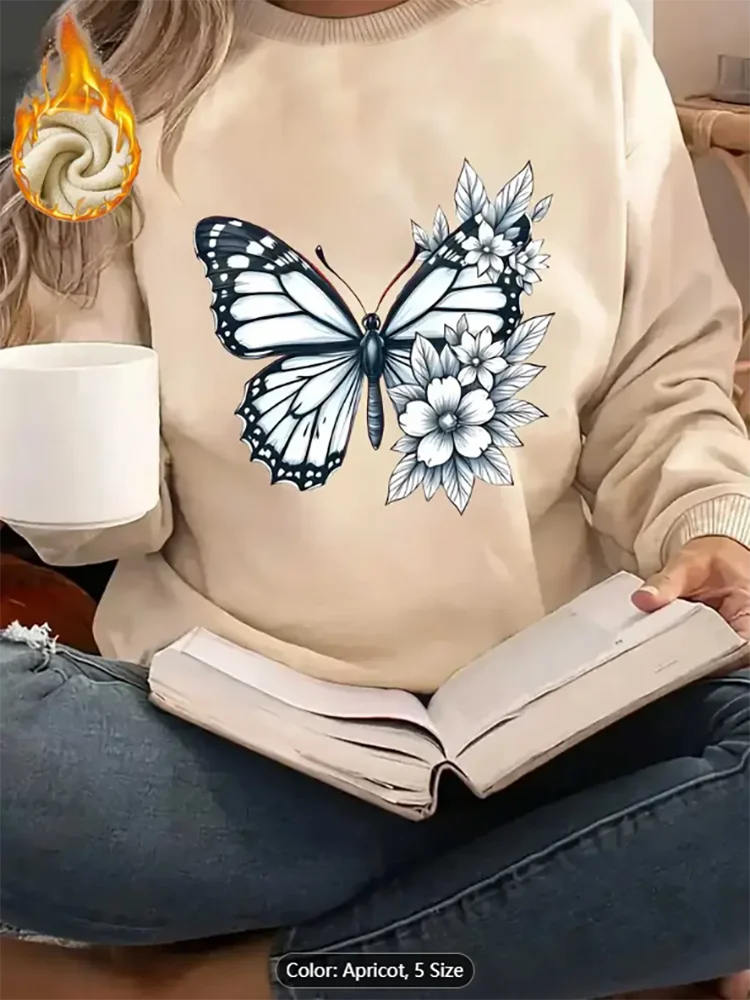 

Womens Grey Sweatshirt Butterfly Floral Graphic Print Fleece Lined Casual Oversized Pullover Top for Romantic Style Pure Cotton