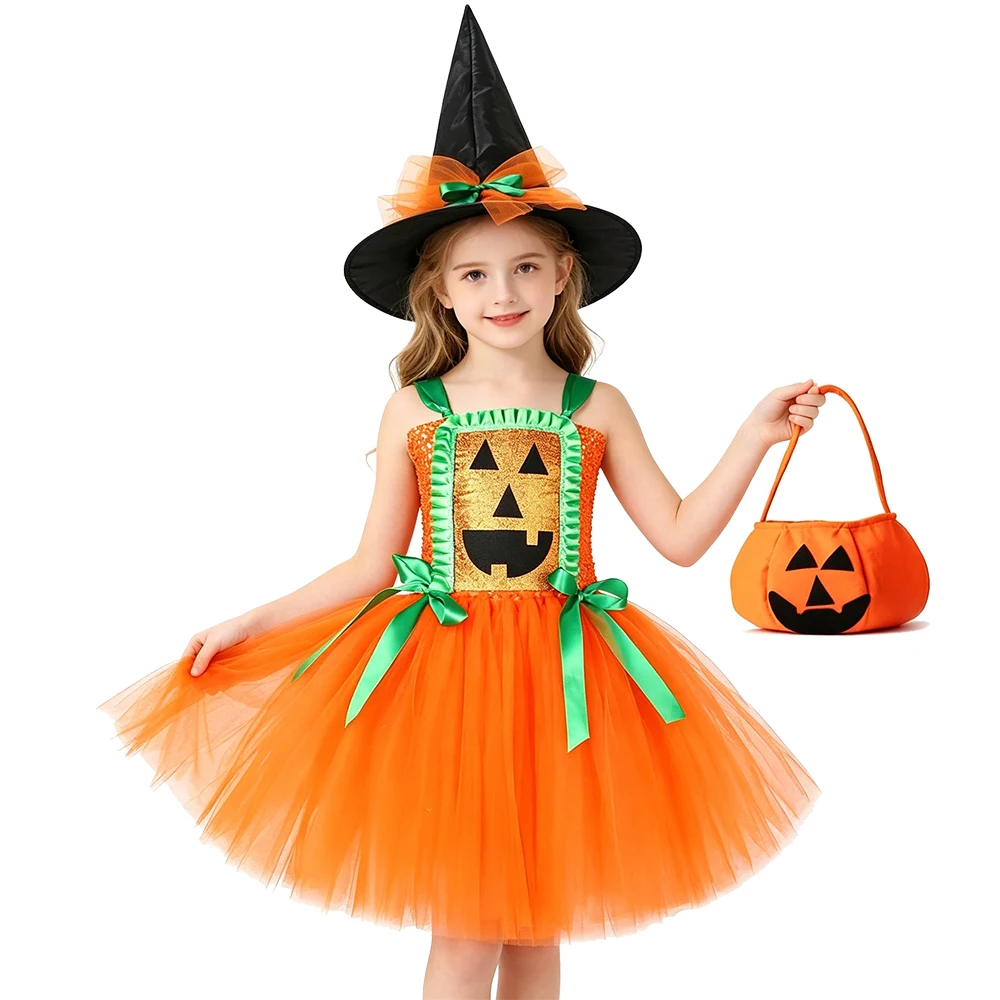 Orange Halloween Pumpkin Costumes for Girls Carnival Party Fancy Tutu Dress with Witch Hat Handbag Child Horror Disguise Outfit