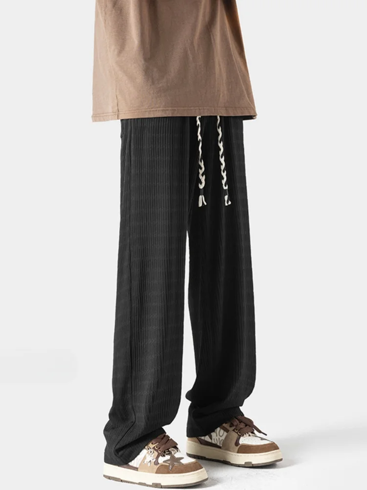 

Мужские летние тонкие эластичные брюки из ледяного шелка с широкими штанинами, прямые, повседневные, в американском уличном стиле, спортивные, модные, свободного кроя