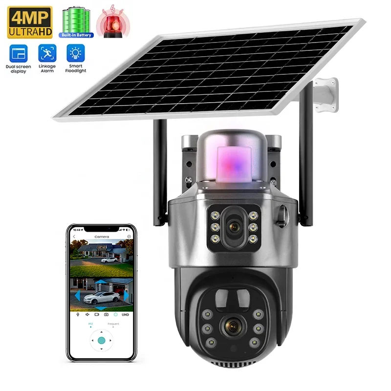 

2026 4 МП двухобъективная WiFi PTZ-камера на солнечной энергии с 4G, интеллектуальным отслеживанием, мультизональным обзором, водонепроницаемость IP66, модель V380 Pro