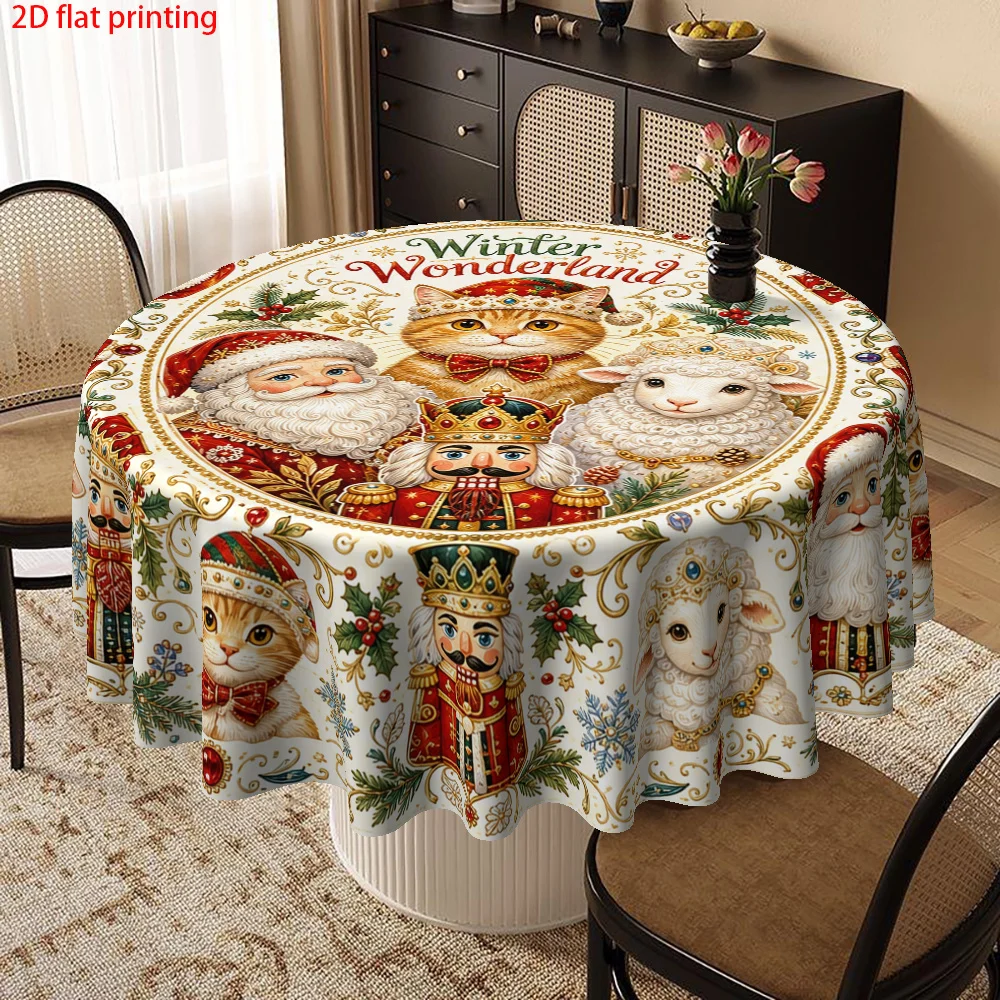 1-Pack, 2D Flat Print Round Tablecloth Winter Wonderland Santa Claus Cat Nutcracker Print