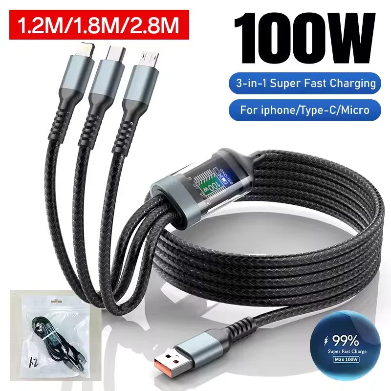 Cable USB tipo C 3 en 1 de 100W, cargador de teléfono de carga rápida, Cable de datos para iPhone, Samsung, Xiaomi, Huawei, Cable Micro USB de carga rápida
