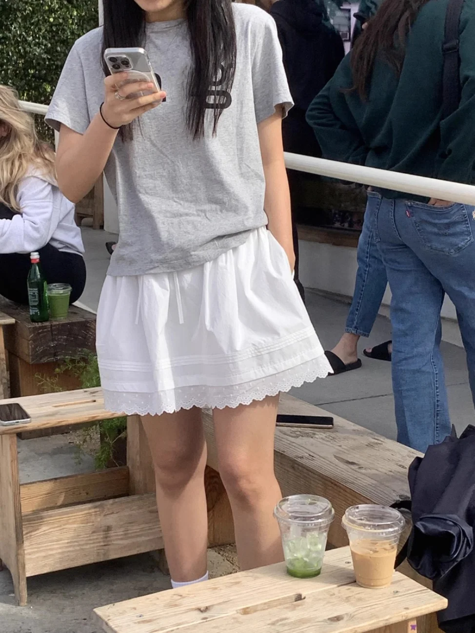 Casual High Waist A-Line  Skirt Pure Color Elastic Waist Lace Trim ort Skirt Women's Spring Faion Cotton Blend Skirt