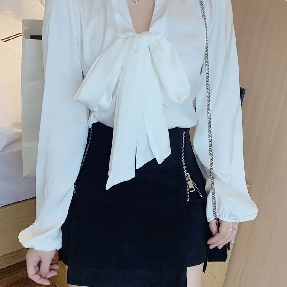 White Shirts Women Puff Long Sleeve Bow Neck Lace-up Design Simple Solid Korean Style Elegant Office Ladies Sweet OL Loose Chic