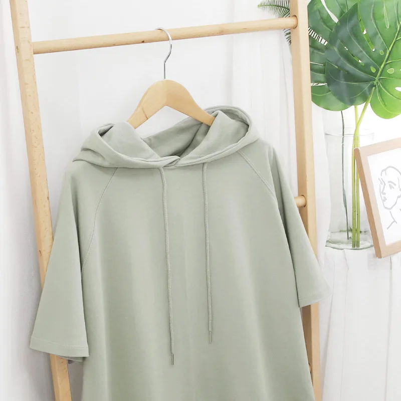 Summer Thin Short Raglan Sleeve Hooded Hoodies Korean Style Split Solid Color Pullovers Drawstring Casual All-Matched Sweatshirt