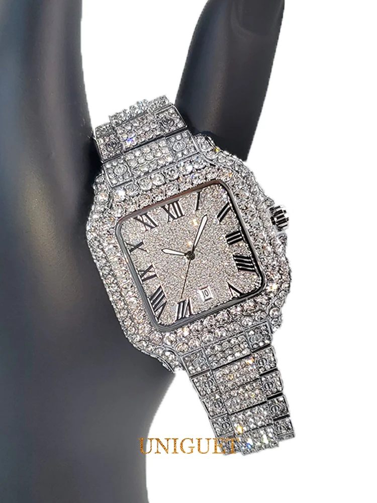

Diamond Watches For Men Full Iced Hip Hop Stylish Square Wristwatches For Man Luminous Point Calendar Quartz Watch Men's Gift