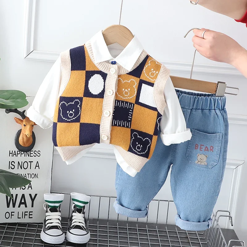 

New Fashion Kids Girls Boys Kids Spring Cotton Gentleman Sweater Vest+T-shirt+Pants Jeans 3Pcs Outfit Suit Children Clothing Set