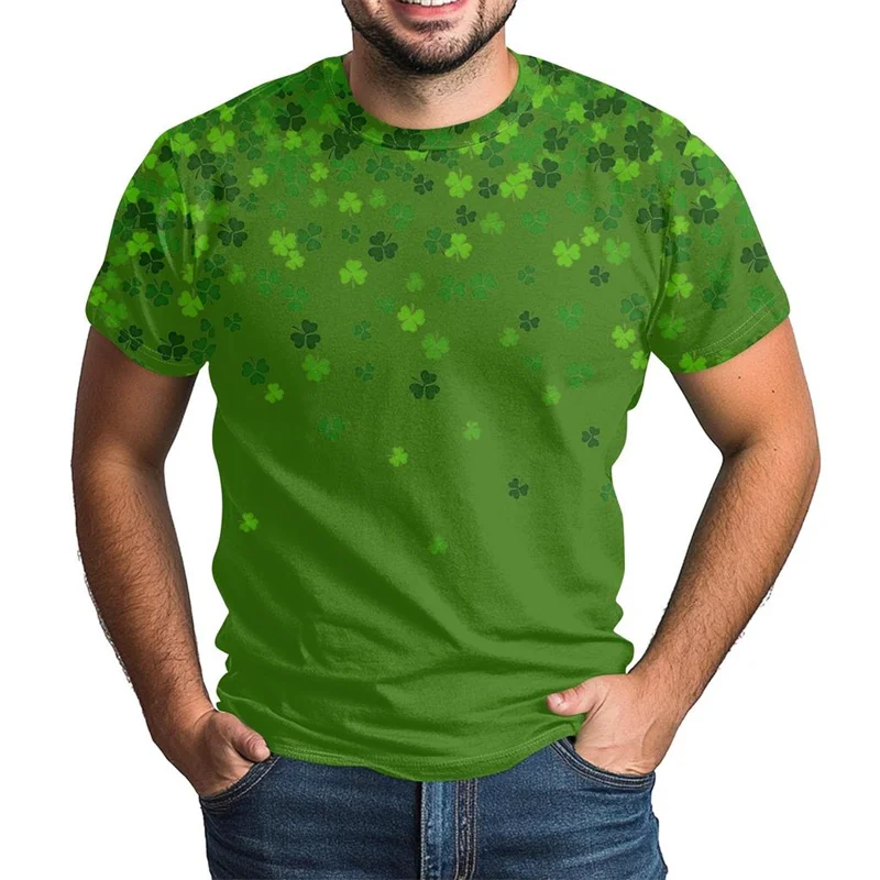 St. Patrick's Day T-shirt Men's Round Neck Short Sleeve T-shirt 3D Printed Green Clover T-shirt Top Street Wear