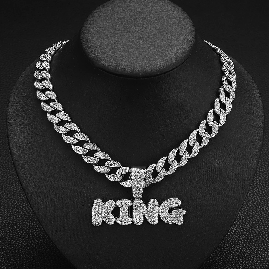 Big iced out cuban chain with alloy and bling rhinestone hip hop KING letter pendant necklace