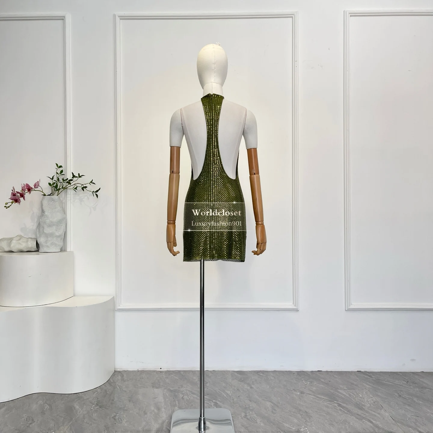 

2026 Lastest New Green Diamonds Halter Neck Cut Out Women Backless Top Quality Mini Dress