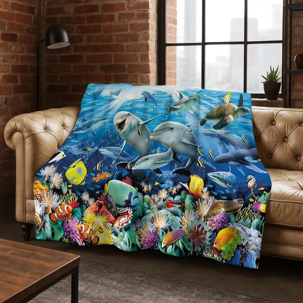 26 Style Underwater World Sea Dolphin Turtle Coral Art Flannel Blanket,Cozy Soft Throw Blanket for Home Bedroom Bed Sofa Kids