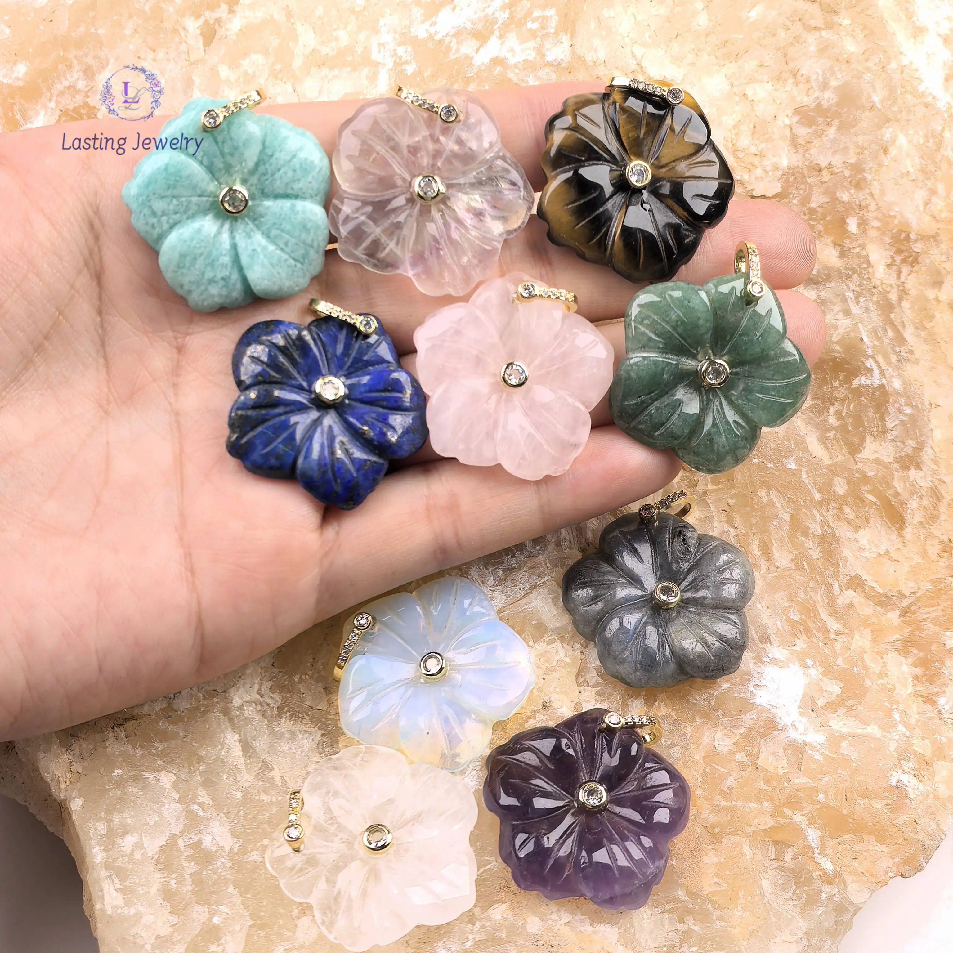 

Reiki Quartz Carved Flower Pendants With Inlaid Colored Zircon Beads Charms Crystal Labradorite Opal For Necklace Jewelry Making
