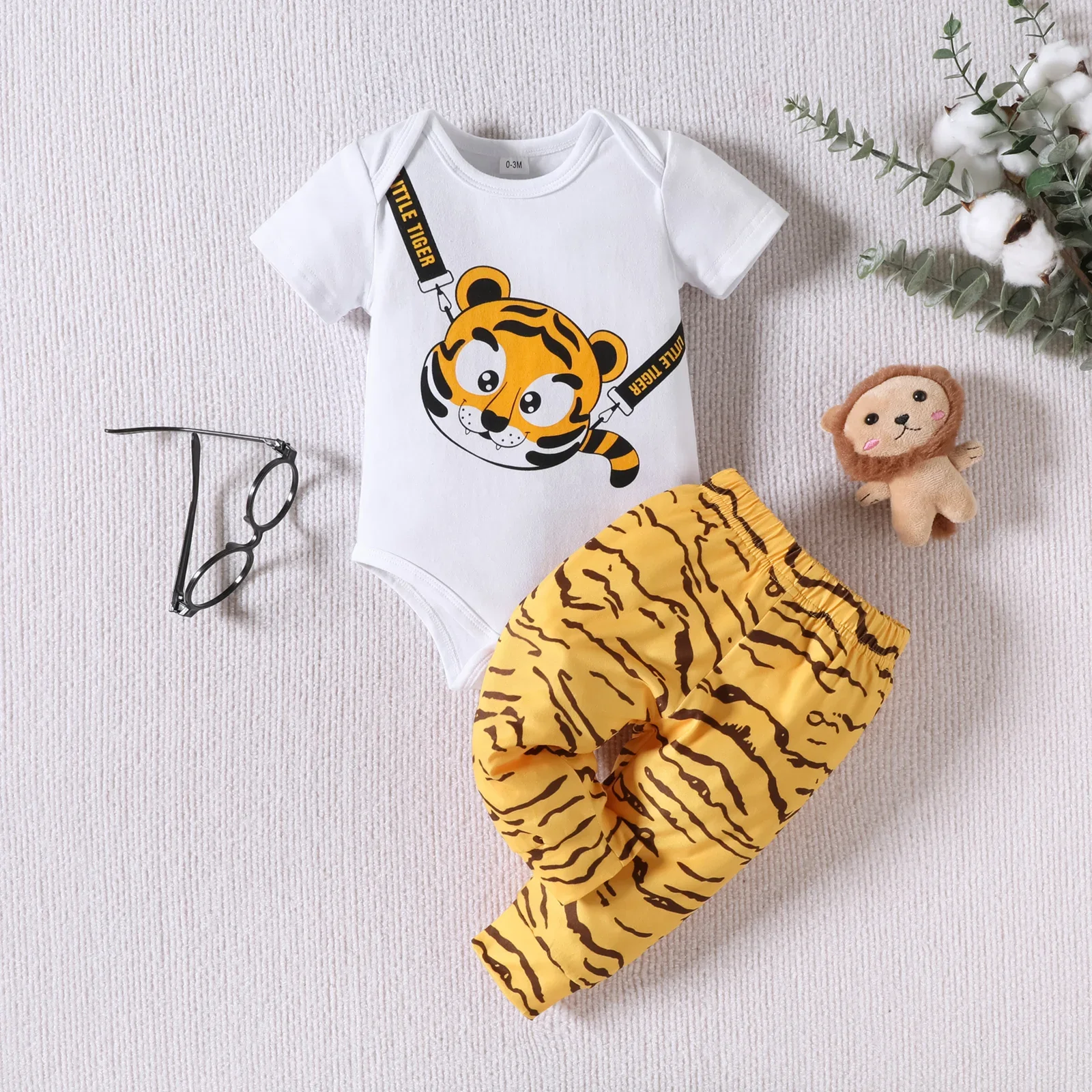 2PCS 0-24M Fashion Children's Newborn Baby Boy Summer Cotton Onesie Cute Little Tiger Print Pajamas Short Sleeve Top Pants Set