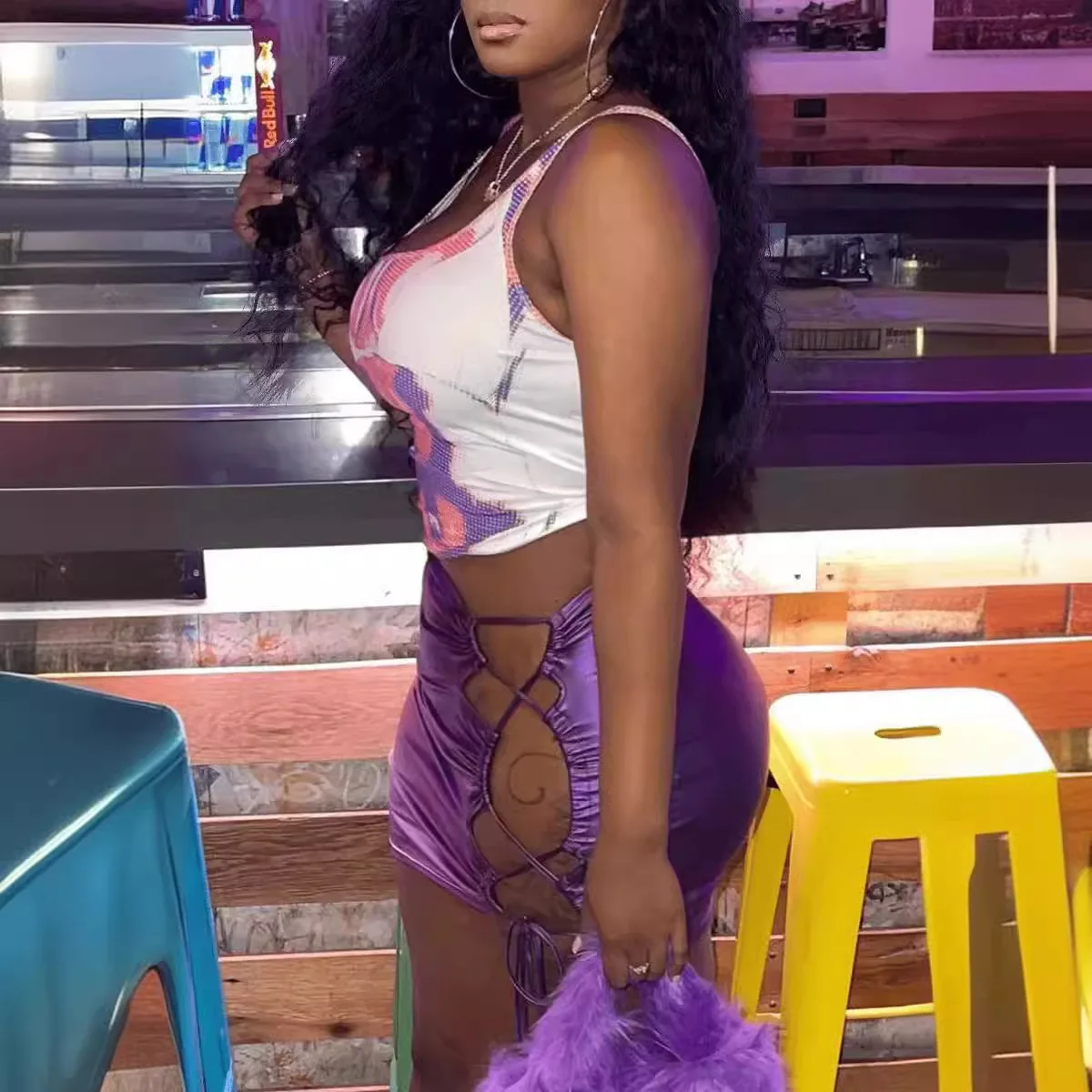 Sexy oco para fora corpo colheita superior mini saia 2 peça define feminino 2025 verão magro regata impressão conjunto de duas peças vestido outfit