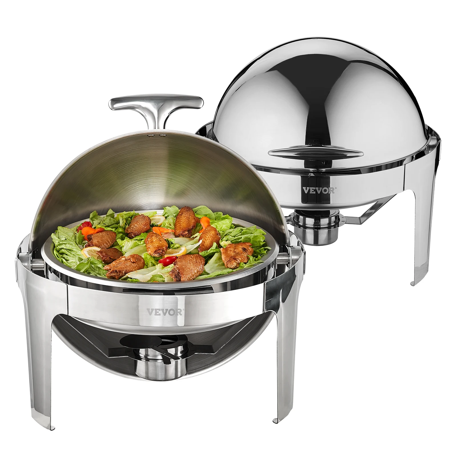 VEVOR Roll Top Chafing Dish Buffet Set 6 Qt 2 Pack Stainless Steel Chafer with 2 Full Size Pans Round Catering Warmer Server