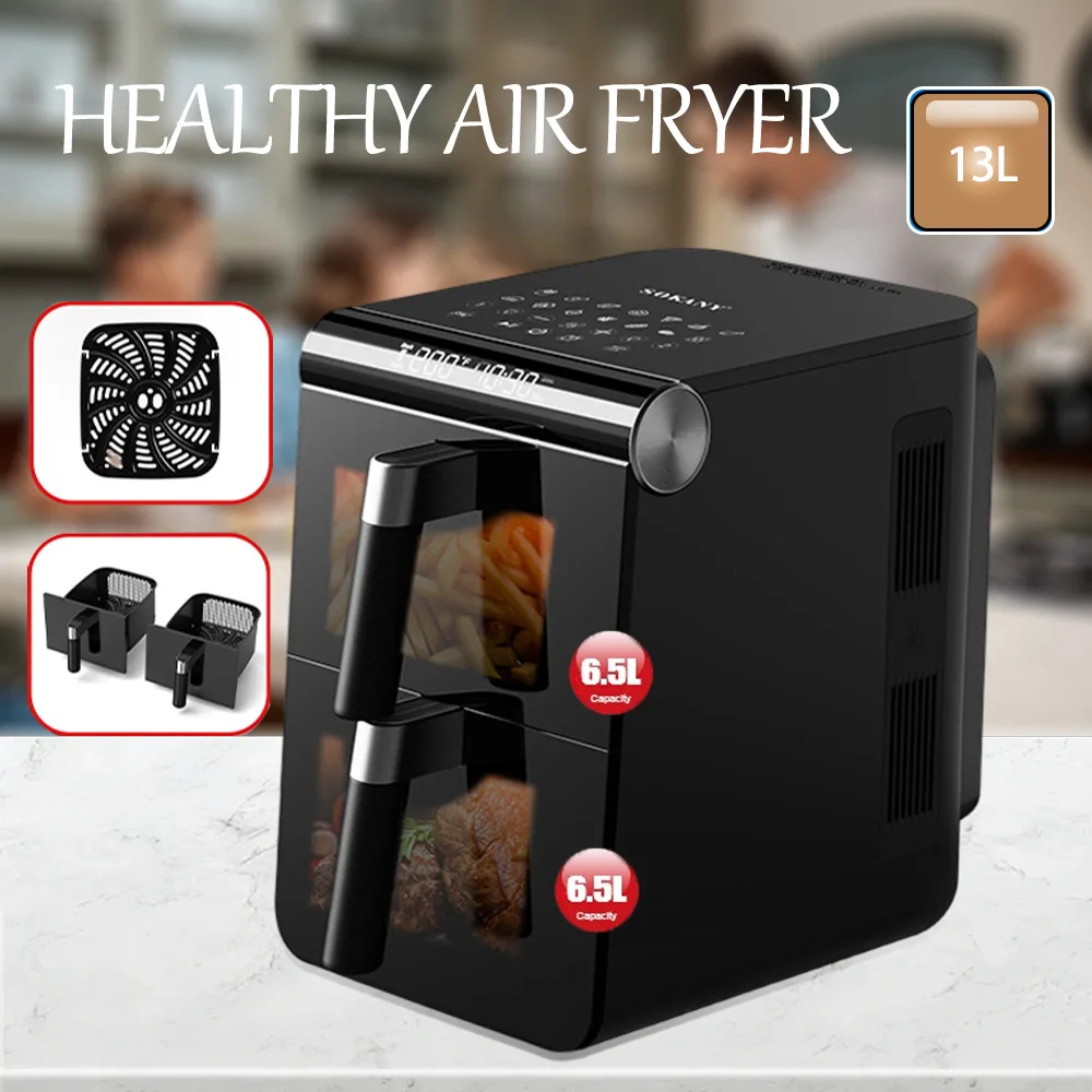 New Double Chimney air Fryer 4-in-1 2-basket air Fryer Oven Heated Fast air Kitchen Fryer with Visible Window