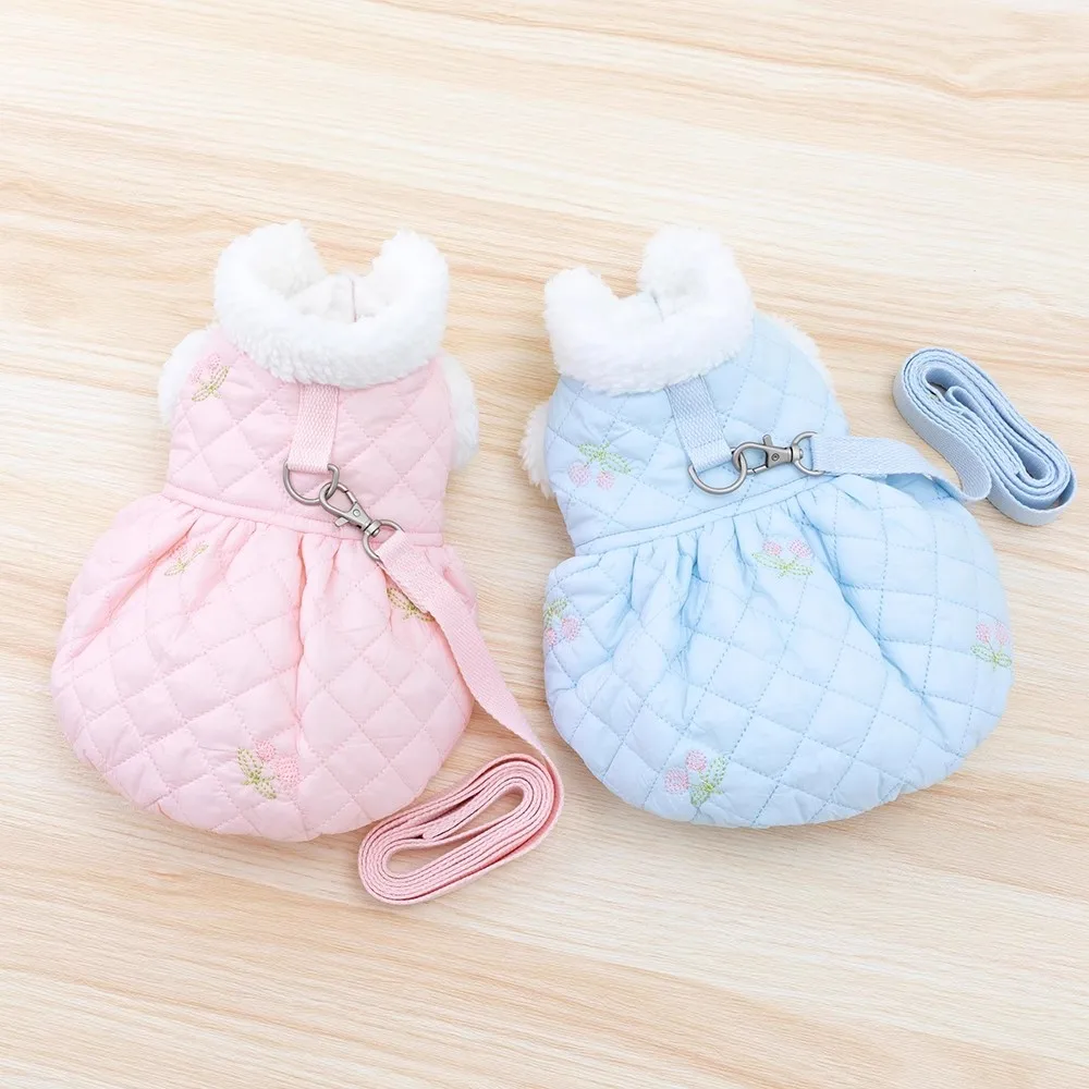 Winter Warm Harness Dresses For Small Dogs Pink Blue Fur Neck Pet Clothes Thicken Chihuahua Bichon Princess New Year Apparel XS