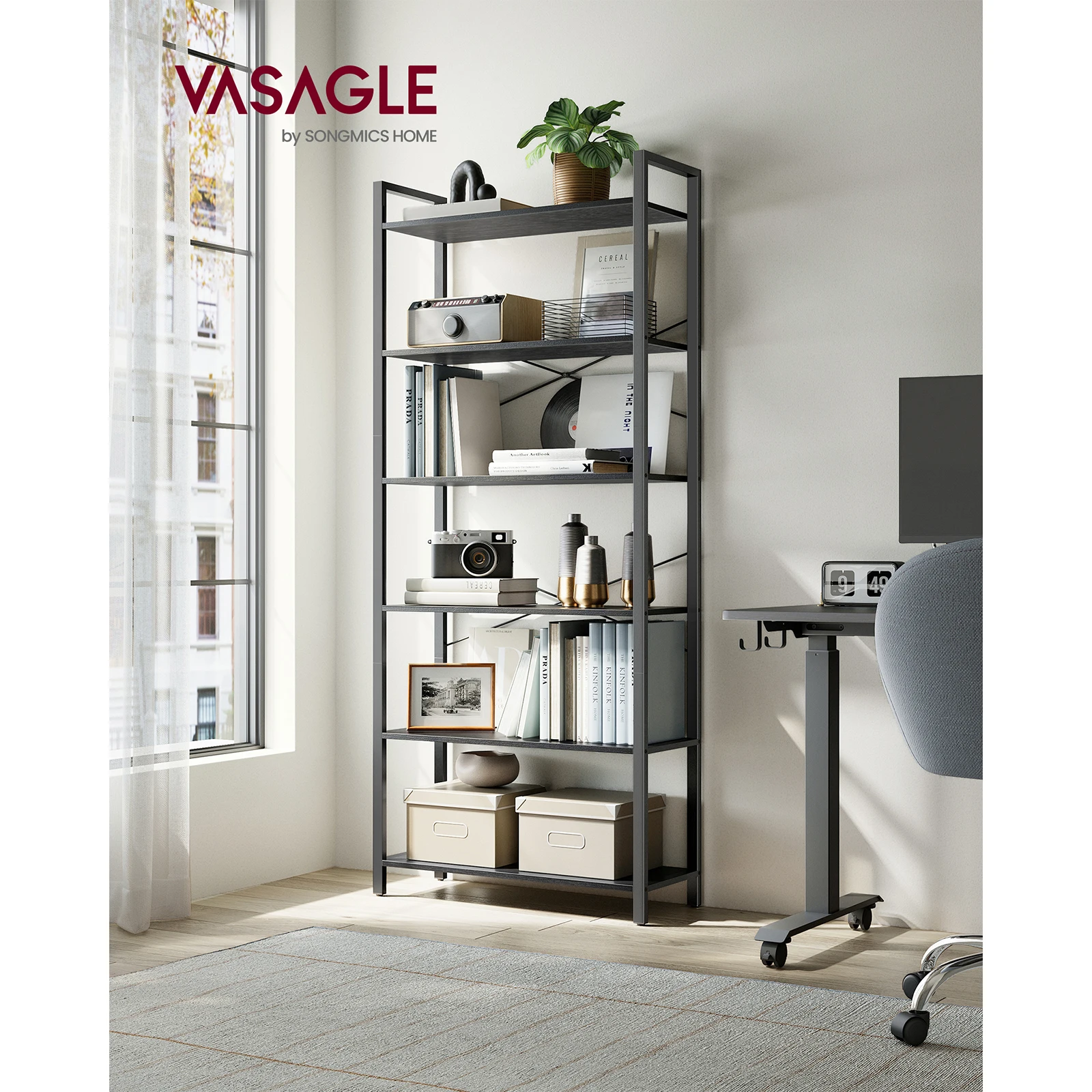 VASAGLE 6 Tier Bookcase, Free Standing Shelf with Steel Frame, Freestanding Shelf， 30 x 80 x 186 cm