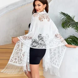 Lace hollow shawl, solid color tassel thin scarf, elegant outer skirt shawl, suitable for women's evening party dance