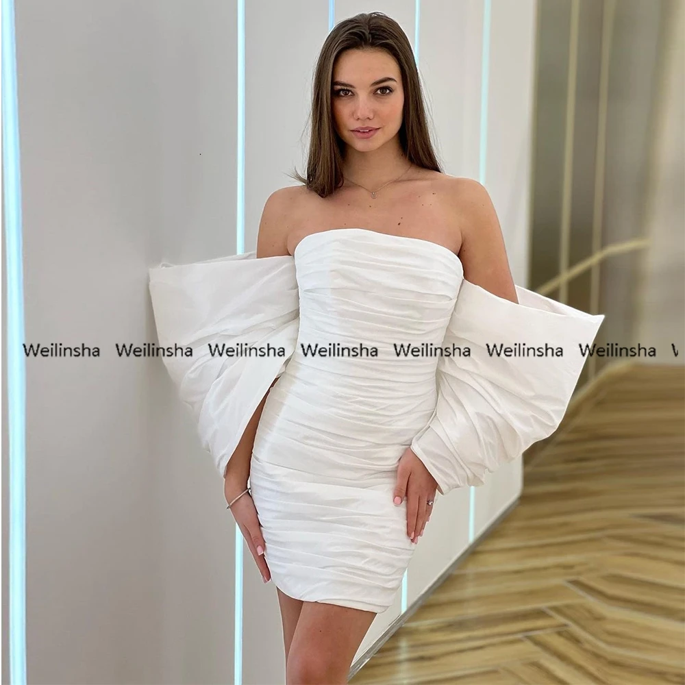 

Weilinsha Summer Wedding Dresses Short Puffy Sleeve Fashion Mini Length Bridal Gowns Whte Strapless Pleat Robe De Mariée 2022