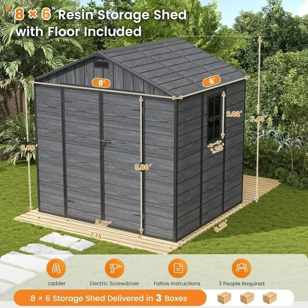 Resin Storage Shed 8 x 6 T, Plastic Outdoor Storage Shed with loor Outde Storage Garden Patio Sheds with Lockable Door or Bike,
