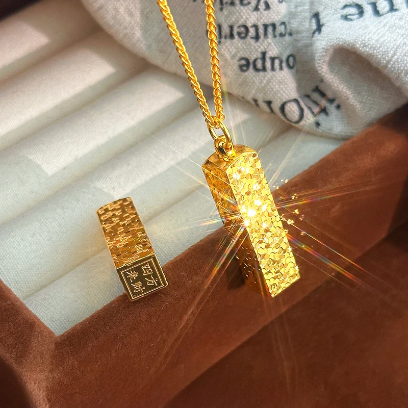 Luxury 100% Real 24K Gold Crushed Ice Square Gold Bar Pendant Necklace For Women Men Gift