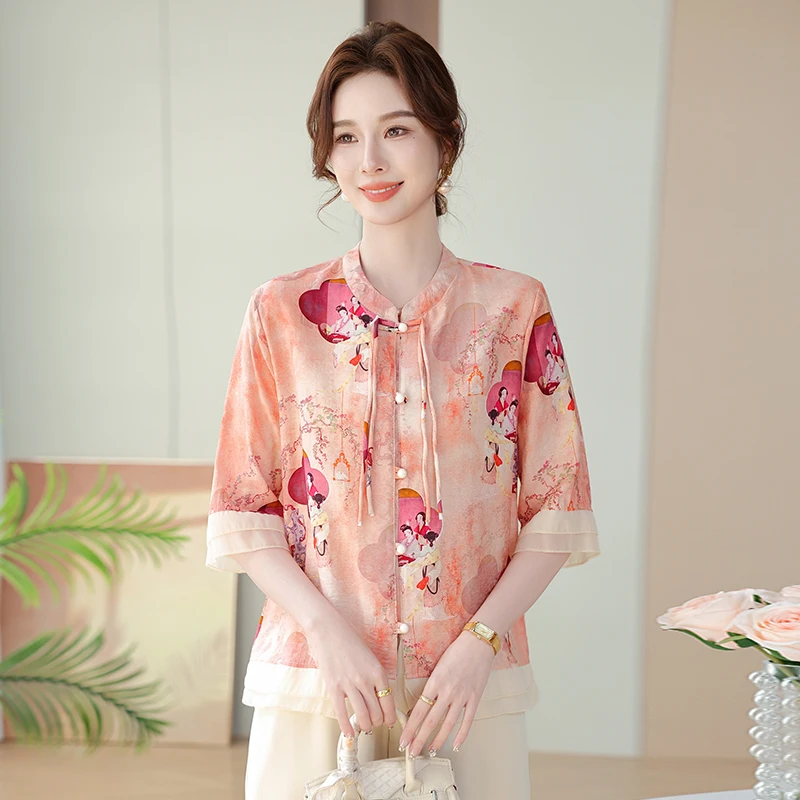 

Новый летний комплект для мам 2025 года: хлопково-шелковая рубашка в традиционном китайском стиле, свободного кроя, на пуговицах