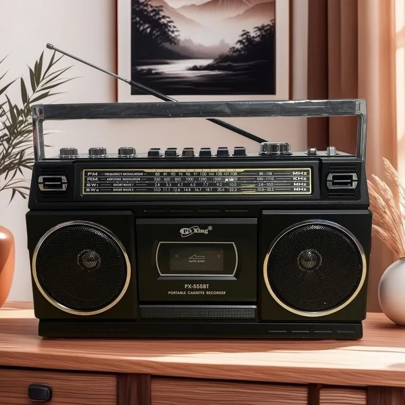 

Puxing PX-555BT 4-Band Radio Portable Handle Cassette Recorder Built-in Speaker Support BT USB/TF Recording AC 220V Power Supply