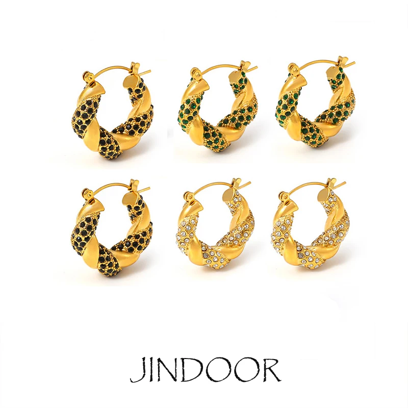 JINDOOR Titanium Steel Plated 18k Gold Twist Hoops, Trendy Vintage Zirconia Encrusted Women's Earrings