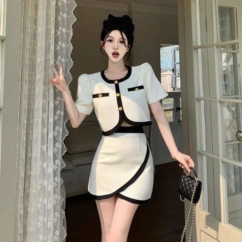 Small Fragrant Wind Suit Skirt Summer  Fashion Temperament Foreign Style Korean Version Contrast Suit Jacket High Waist Skirt