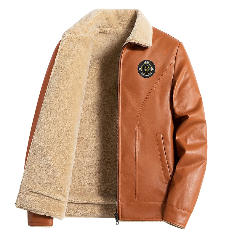 

Men Winter Fur and Plush Thick Fashion Trend Stand Up Collar Leather Jacket Men's Outerwear Men's Plus Velvet Leather Jacket