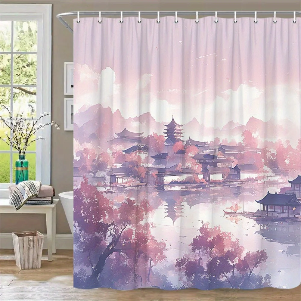 

1 шт. пастельная занавеска для ванной в стиле аниме — спокойная восточно-азиатская сцена с пагодосами, мостами, розовыми, фиолетовыми деревьями и светоотражающей водой — мягкий синий