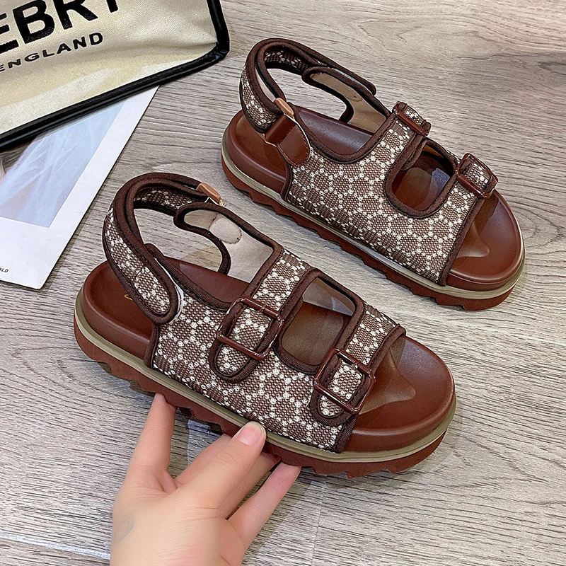 2023 Summer Women\'s Sandals New Comfortable Thick Sole Sandals Round Toe Plaid Open Toe Sports Sandals Wedges Shoes For Women