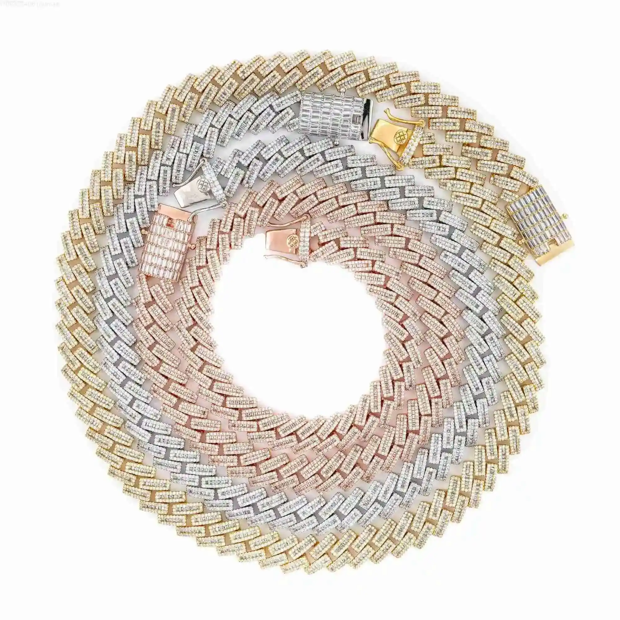 Precio barato Hip Hop cadena de eslabones cubanos joyería de latón chapada en oro de 18k baguette Cz collar de diamantes hombres 14mm cadena cubana helada