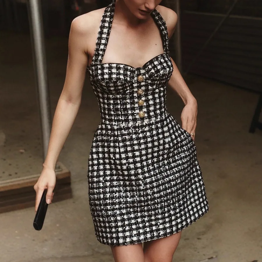 

Vintage Black And White Plaid Halter Neck Dresses Women Temperament Elegant Mini Party Dress Sexy Backless Banquet Short Vestido